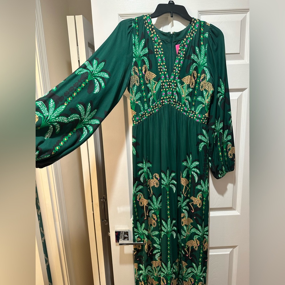 Exotic Rare Lilly long sleeve Green Maxi Dress with Flamingo Jungle Print